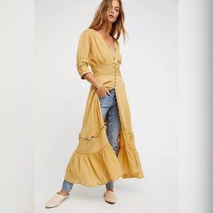 (NWOT FREE PEOPLE YELLOW SUSANNA MIDI DRESS sz S)